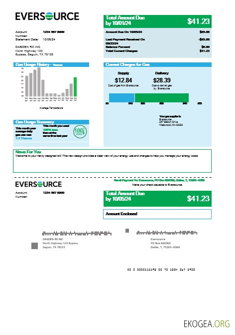 Modèle de facture de services publics de gaz USA Eversource aux formats Word et PDF, bon pour prouver l'adresse